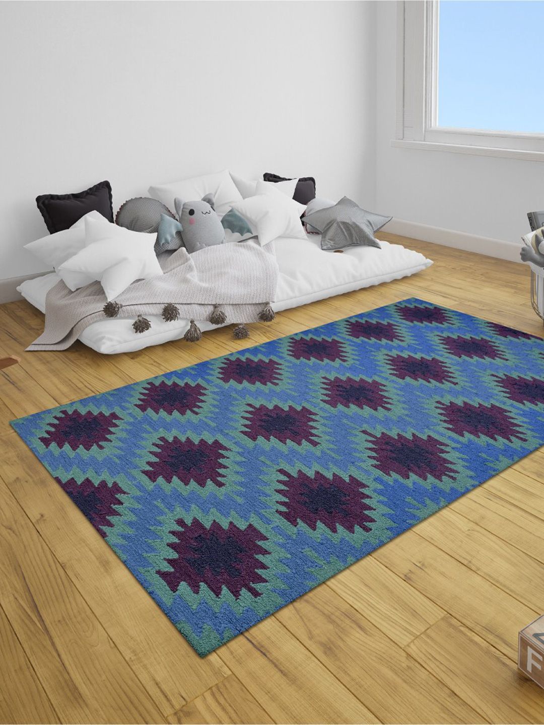 SANDED EDGE Blue Geometric Printed Rectangular Wool Carpets Price in India