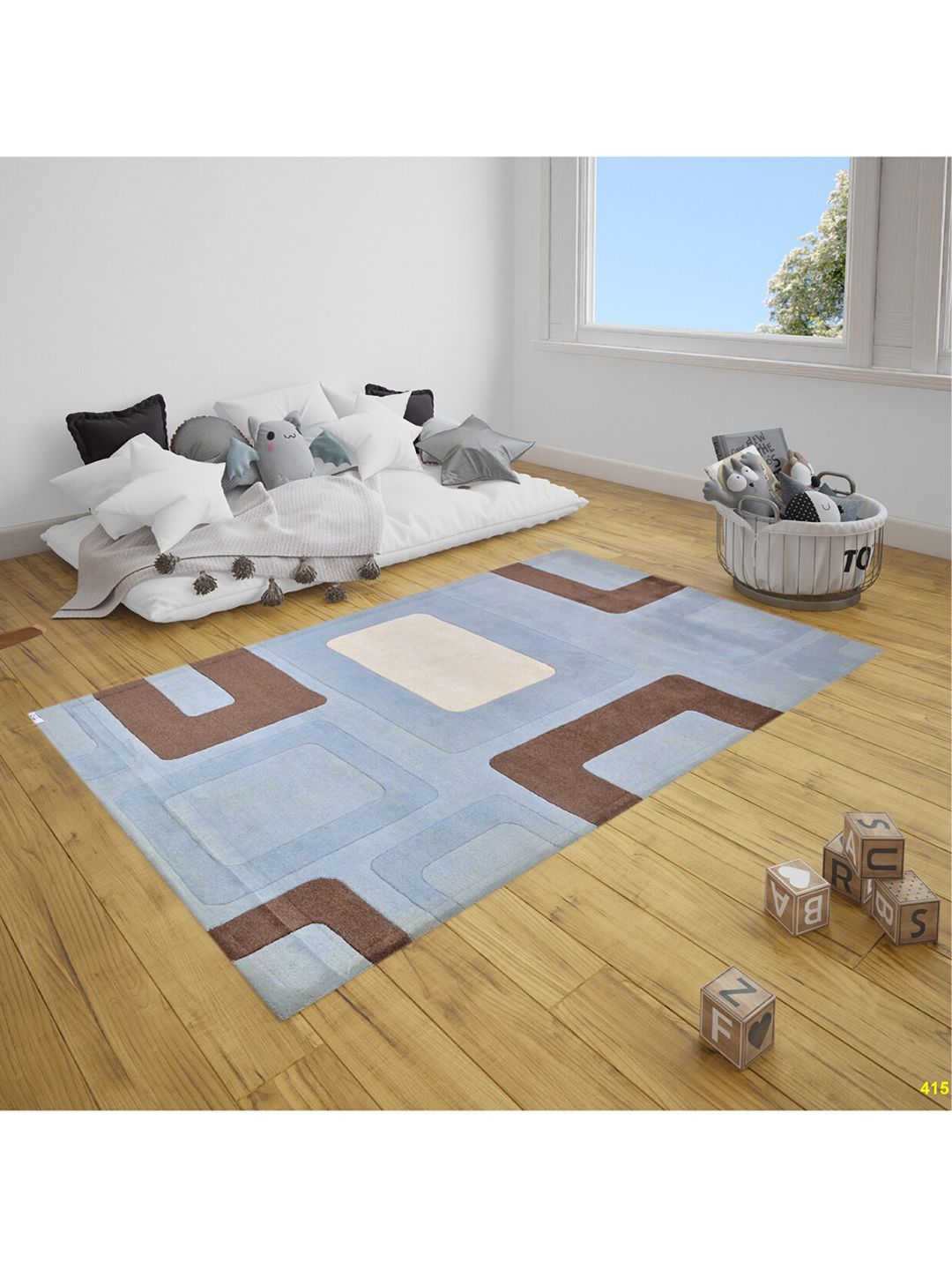 SANDED EDGE Blue & Brown Geometric Wool Floor Carpets Price in India