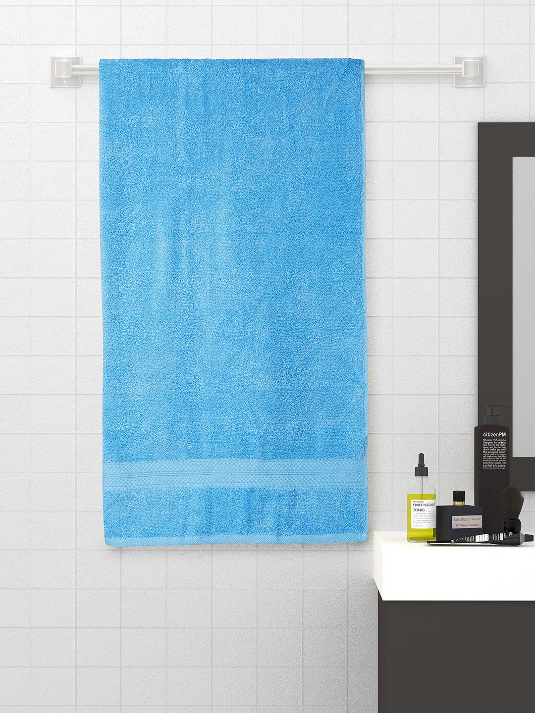 SPACES Unisex Blue Solid 450 GSM Cotton Bath Towels Price in India