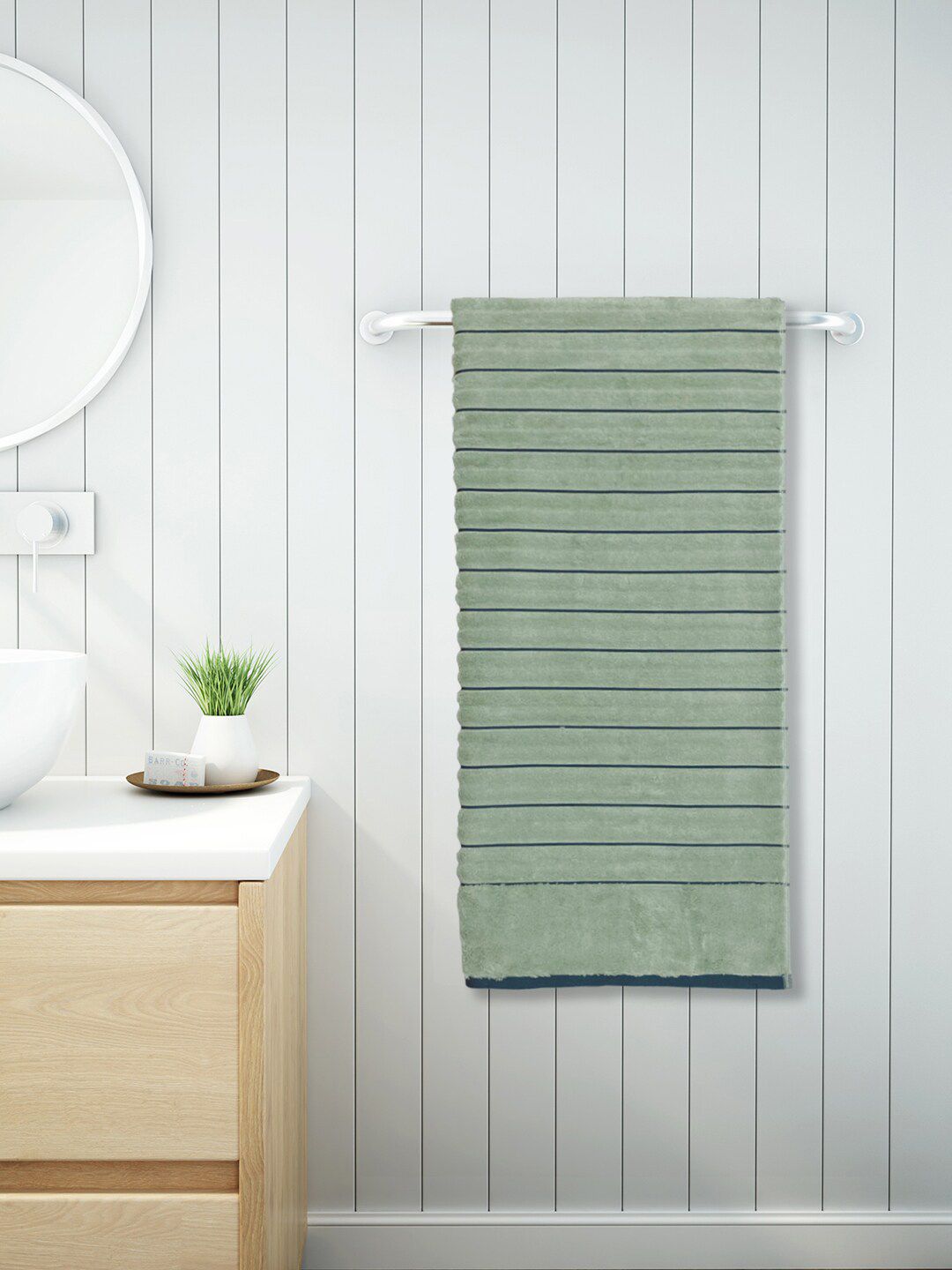 SPACES Green Striped 100% Cotton 575 GSM High Loft Ribbed Texture Bath Towel Price in India