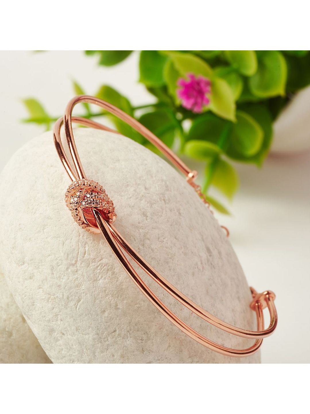 SILBERRY Women Sterling Silver Cubic Zirconia Rose Gold-Plated Kada Bracelet Price in India