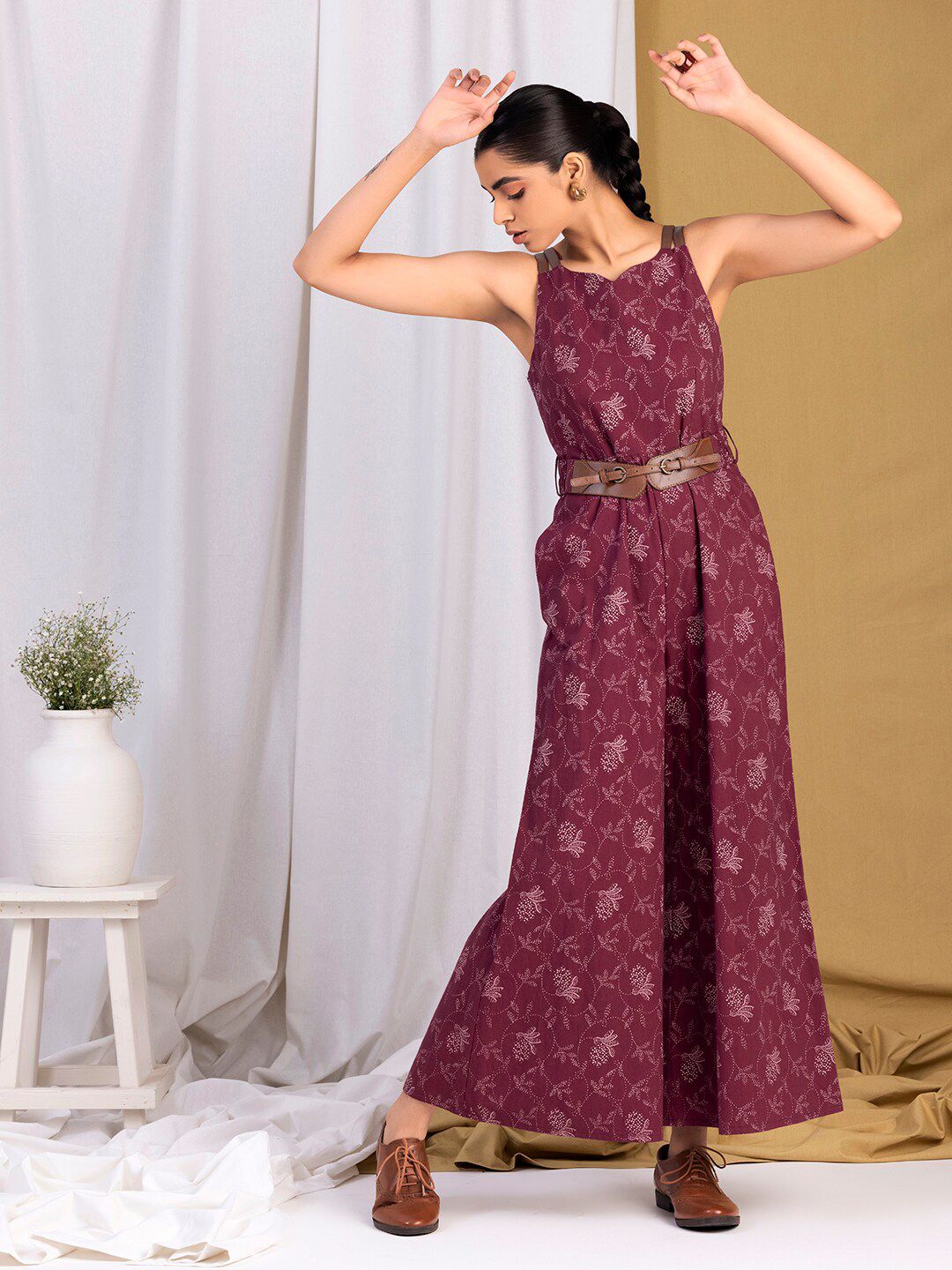 Earthen BY INDYA Maroon & White Printed Pure Cotton Jumpsuit Price in India