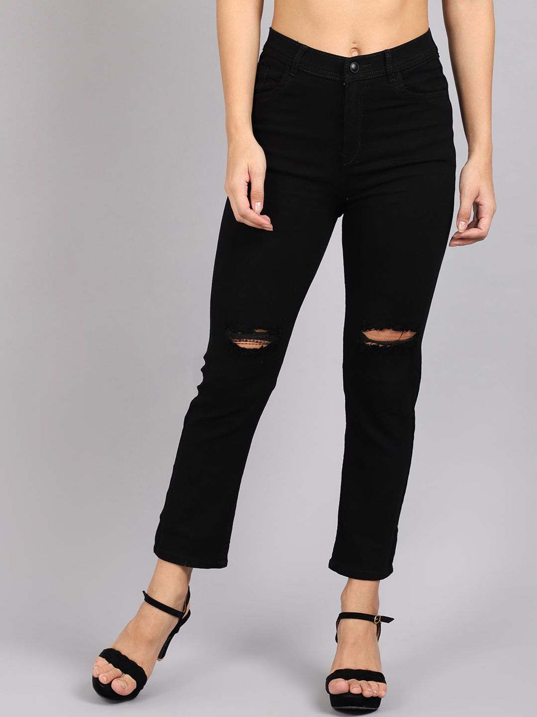 MARC LOUIS Women Black Slim Fit Slash Knee Jeans Price in India