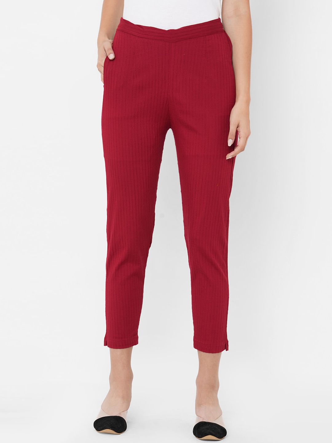 FASHOR Women Maroon Comfort Straight Fit Trousers Price in India