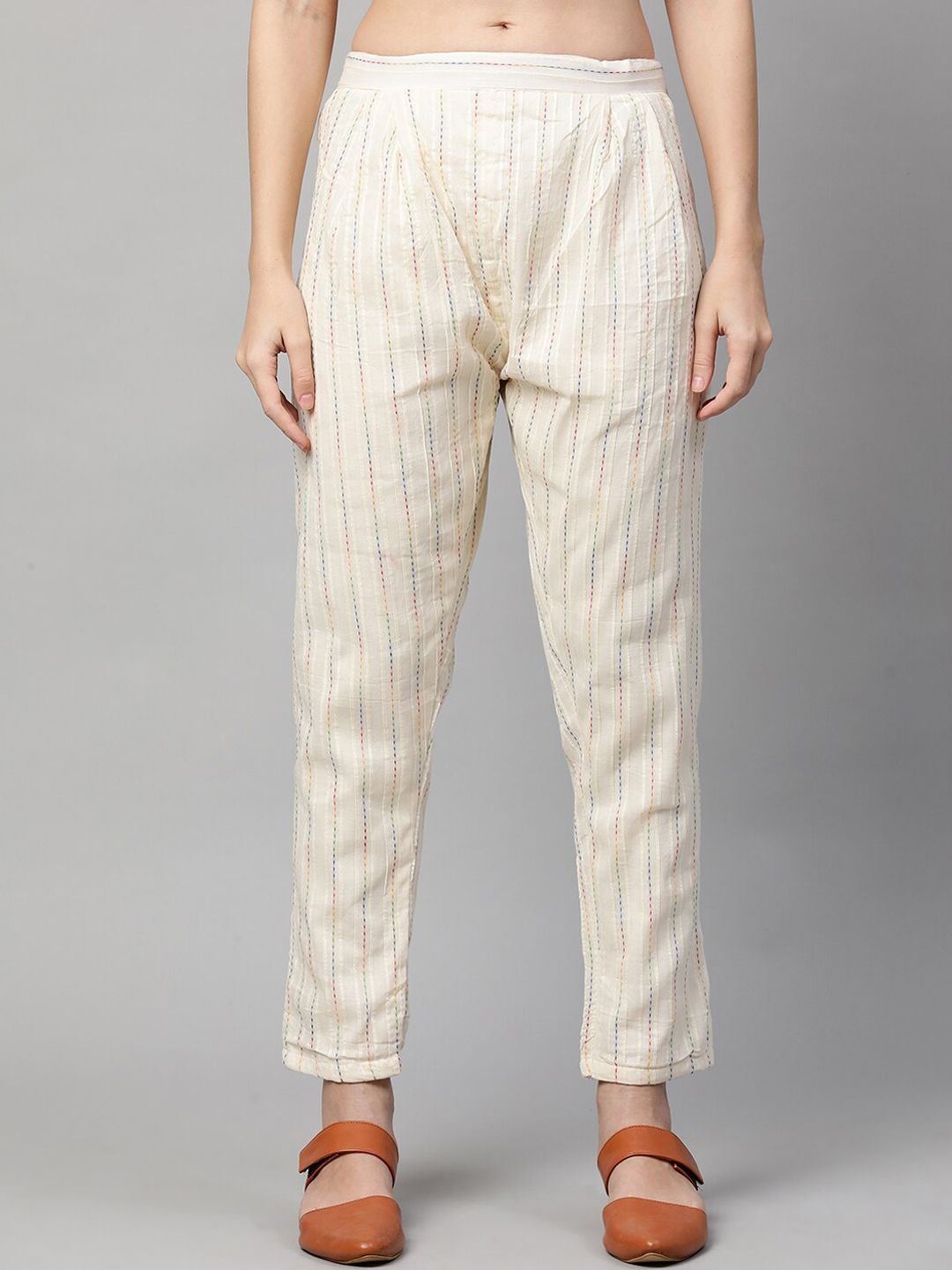 FASHOR Women Off White Striped Comfort Straight Fit Pleated Trousers Price in India