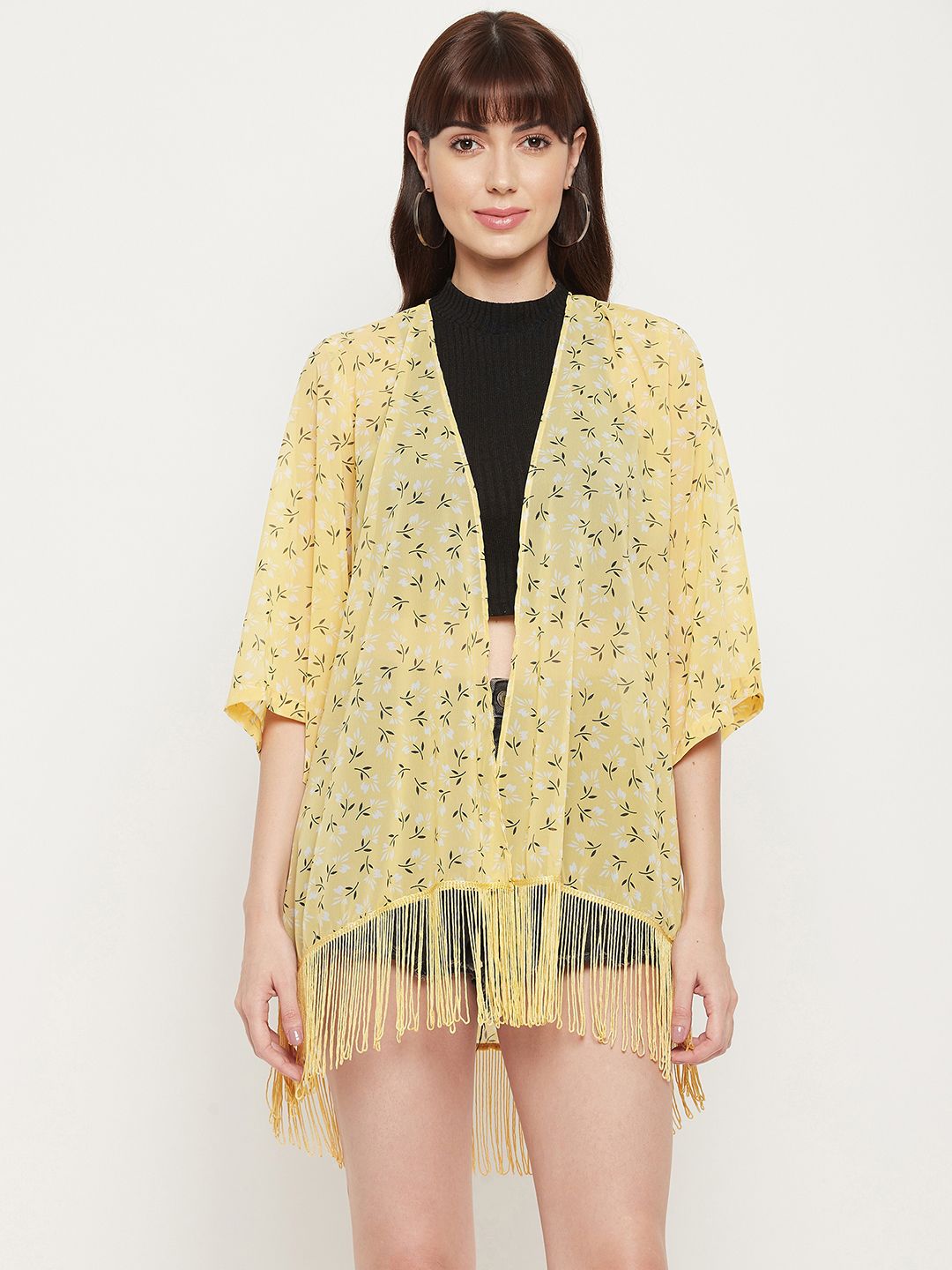 PURYS Women Yellow & Black Printed Tasselled Shrug Price in India