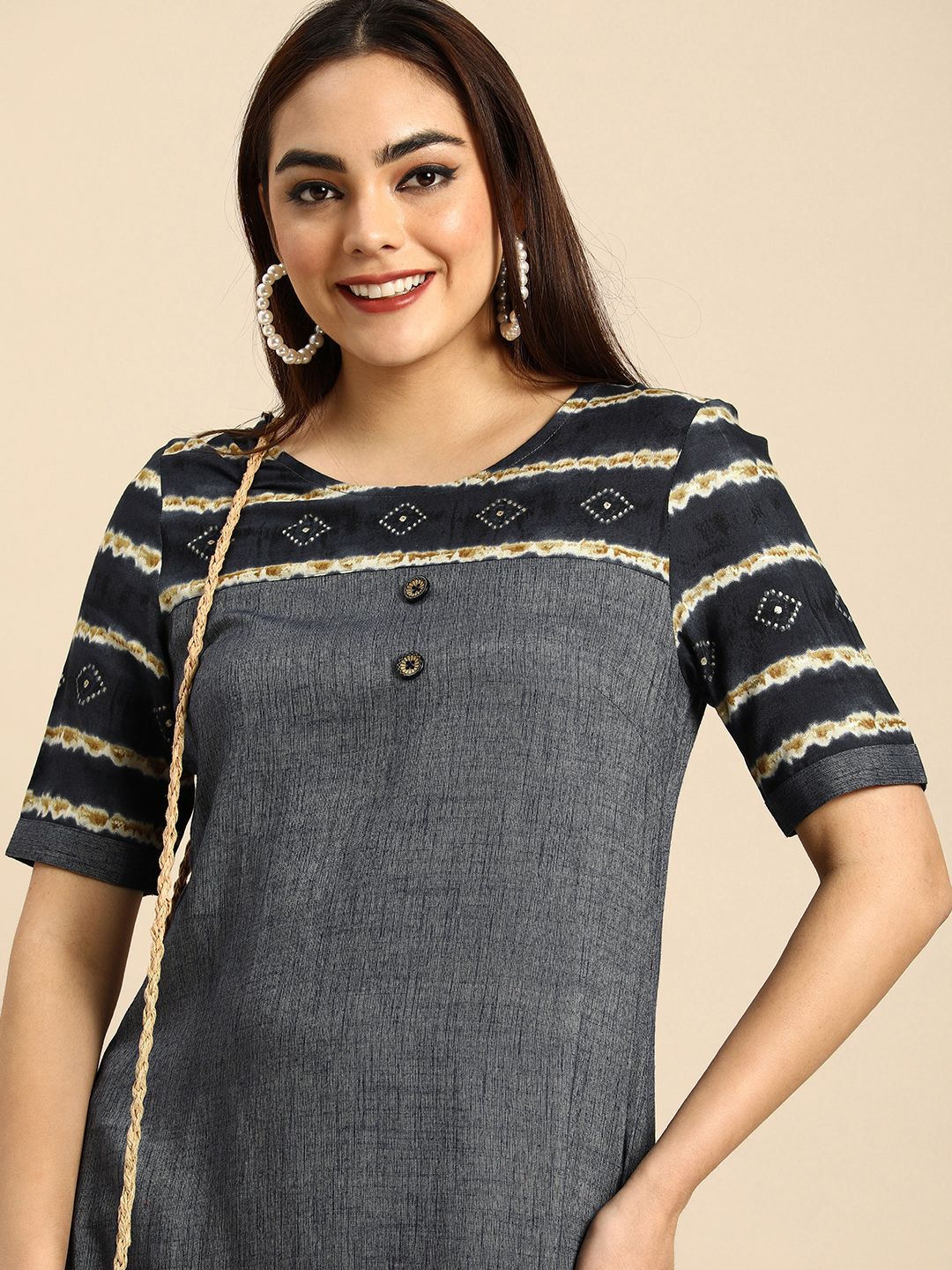 Anouk Women Navy Blue & White Yoke Design Kurta Price in India