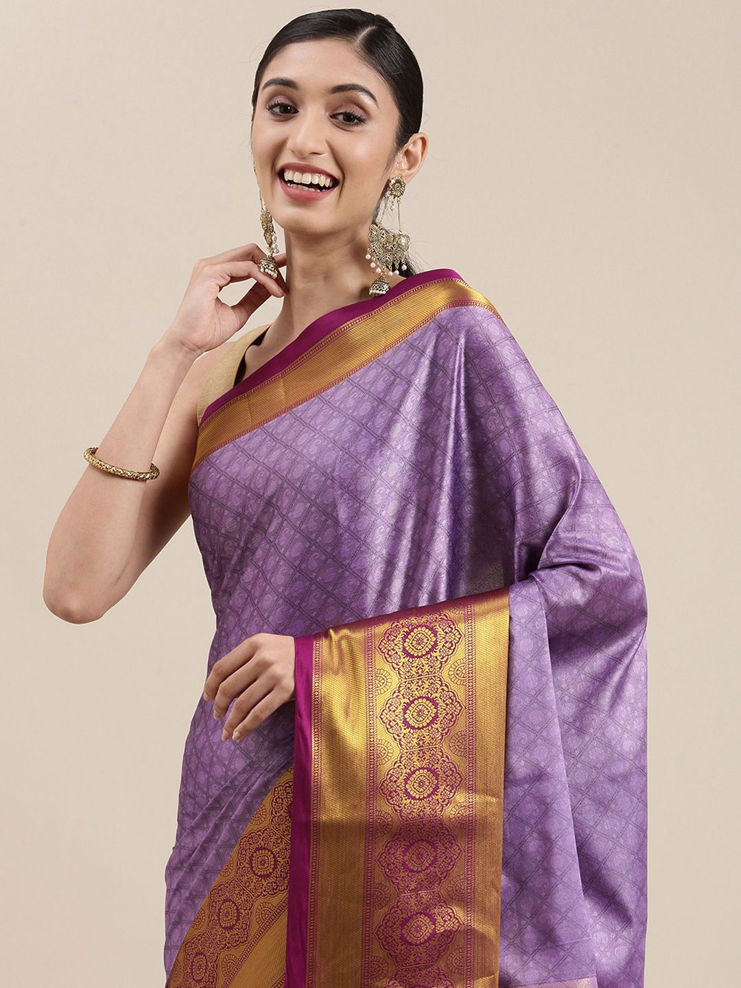 Mitera Purple Ethnic Design Zari Silk Cotton Banarasi Saree Price in India