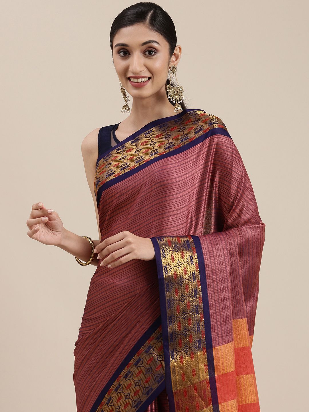 Mitera Maroon Striped Zari Silk Cotton Banarasi Saree Price in India