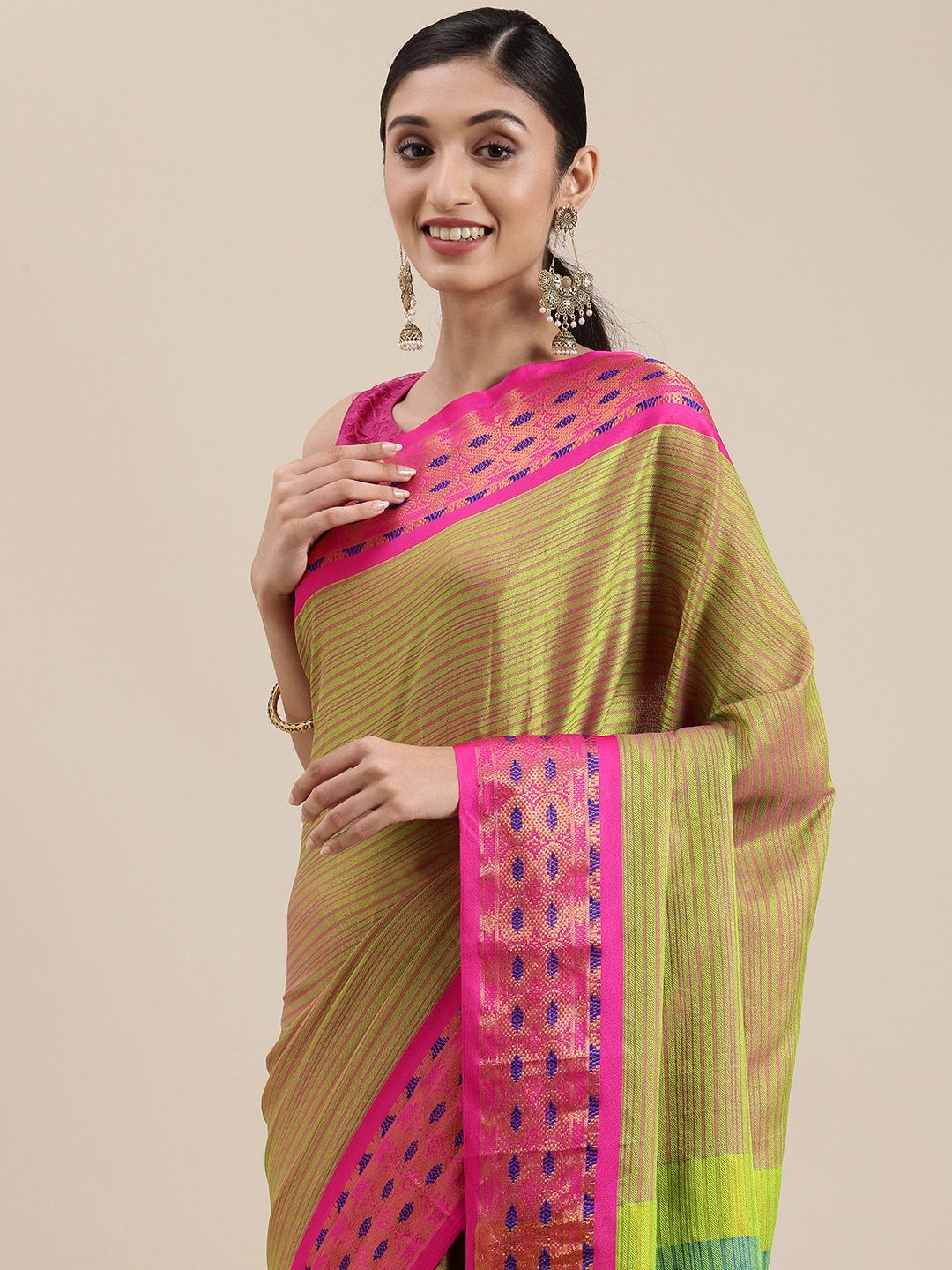 Mitera Green Striped Zari Silk Cotton Banarasi Saree Price in India