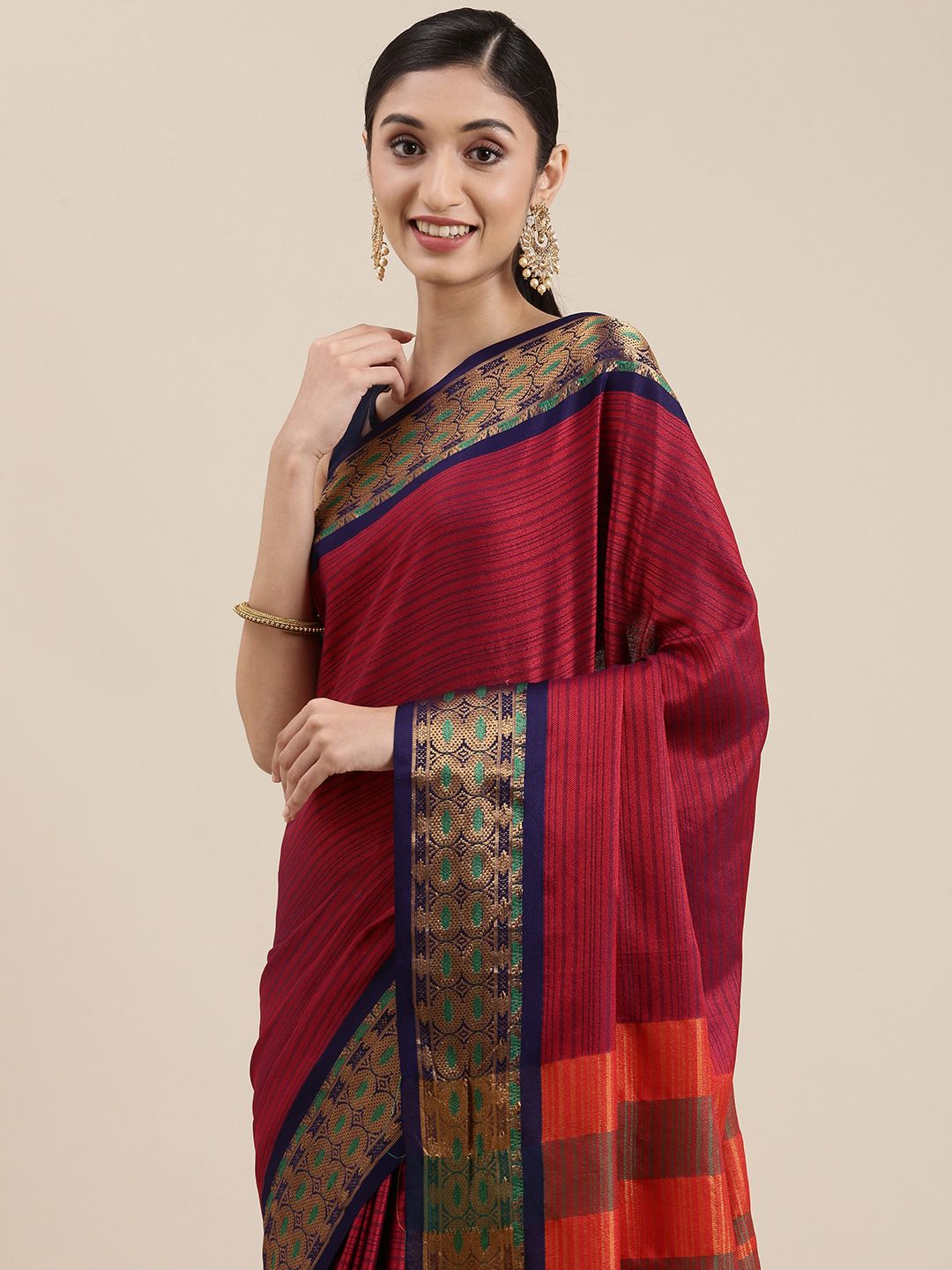 Mitera Maroon Striped Zari Silk Cotton Banarasi Saree Price in India