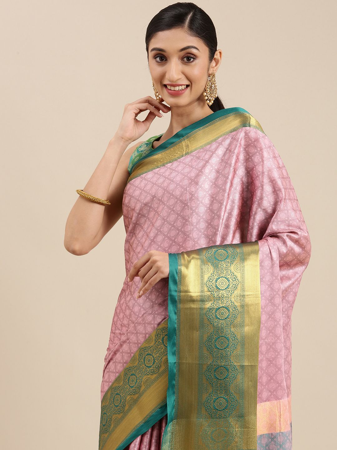 Mitera Pink Ethnic Motifs Zari Silk Cotton Banarasi Saree Price in India