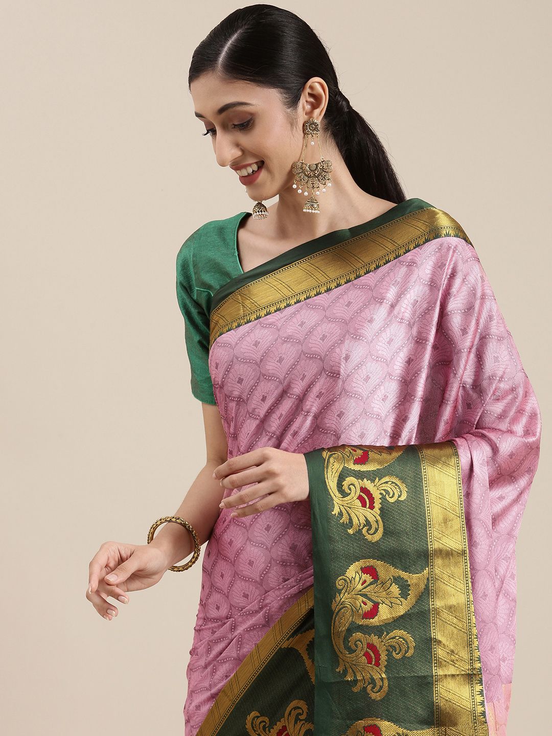 Mitera Pink Ethnic Motifs Zari Silk Cotton Banarasi Saree Price in India