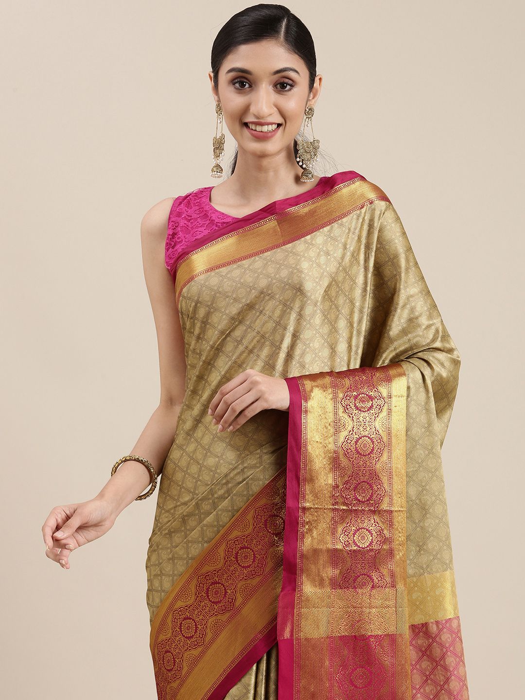 Mitera Beige Ethnic Motifs Zari Silk Cotton Banarasi Saree Price in India