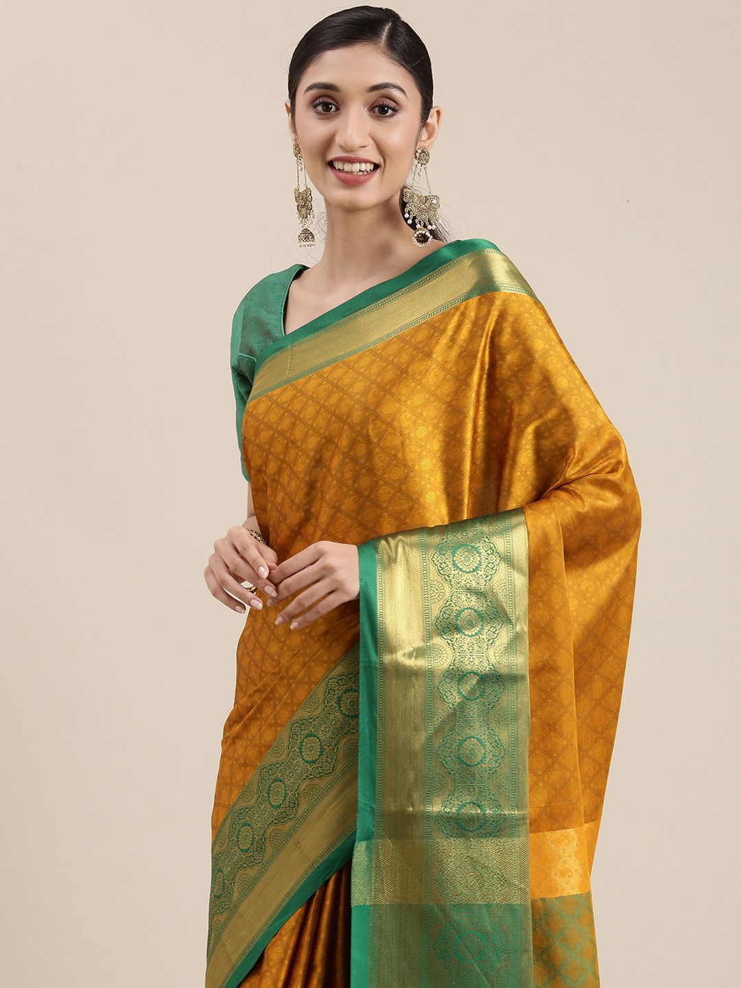 Mitera Mustard Yellow Ethnic Motifs Zari Silk Cotton Banarasi Saree Price in India