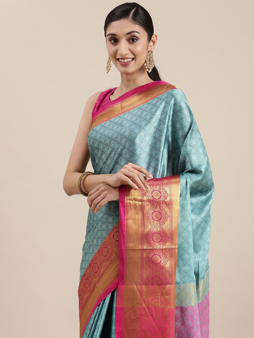 Mitera Blue Ethnic Motifs Zari Silk Cotton Banarasi Saree Price in India