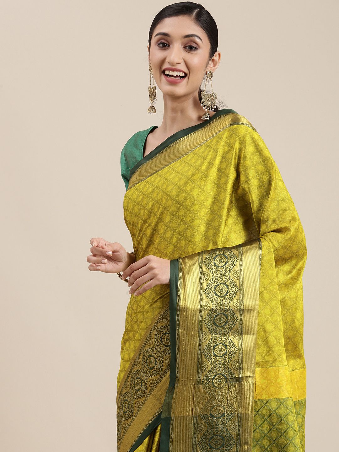 Mitera Olive Green Ethnic Motifs Zari Silk Cotton Banarasi Saree Price in India