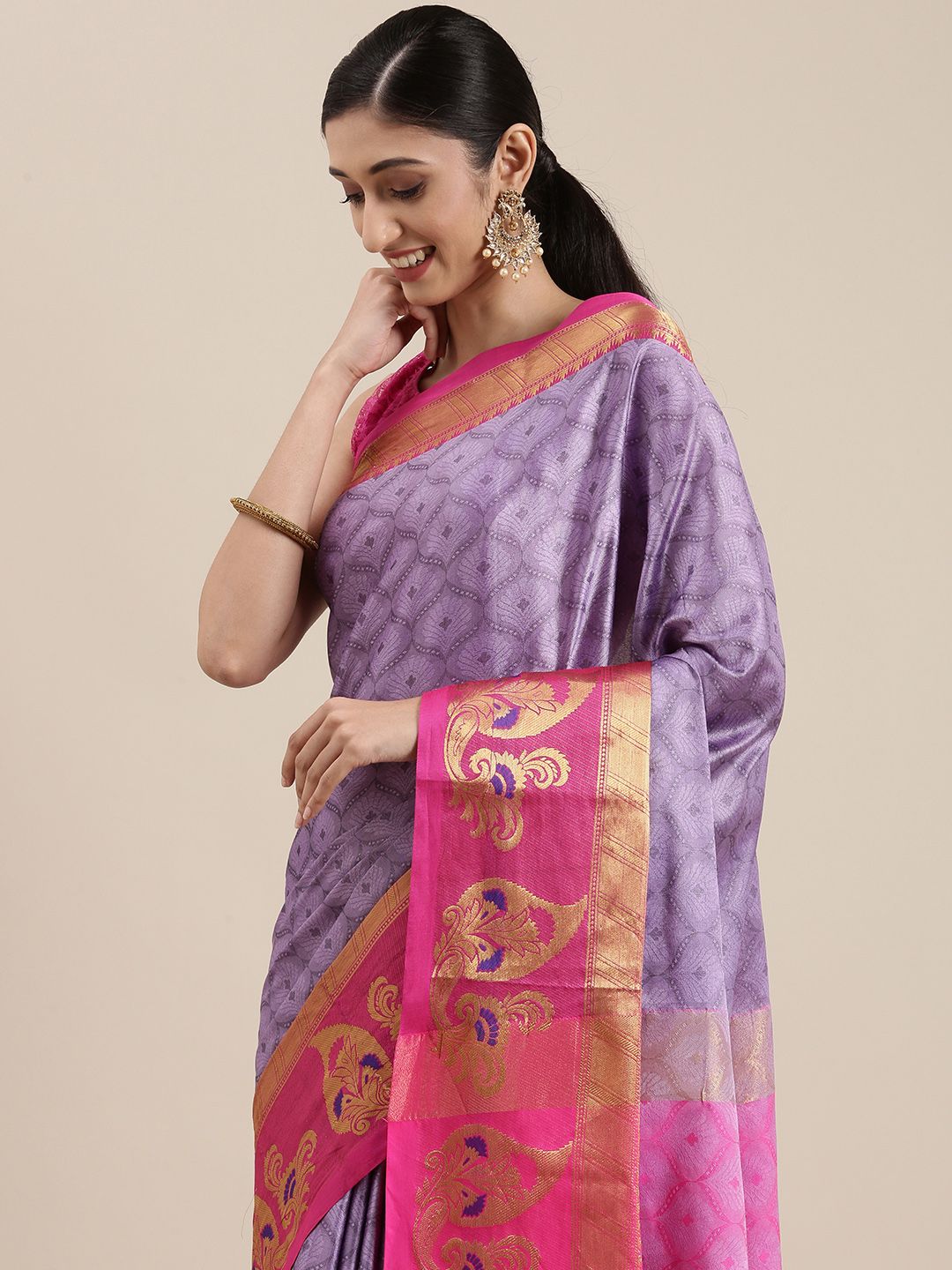 Mitera Purple Ethnic Motifs Zari Silk Cotton Banarasi Saree Price in India