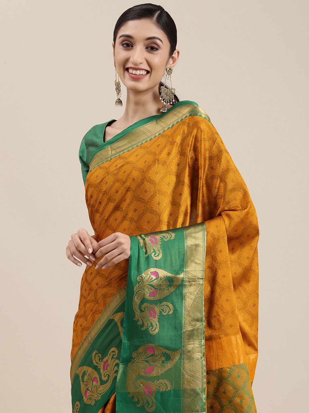 Mitera Mustard Yellow Ethnic Motifs Zari Silk Cotton Banarasi Saree Price in India