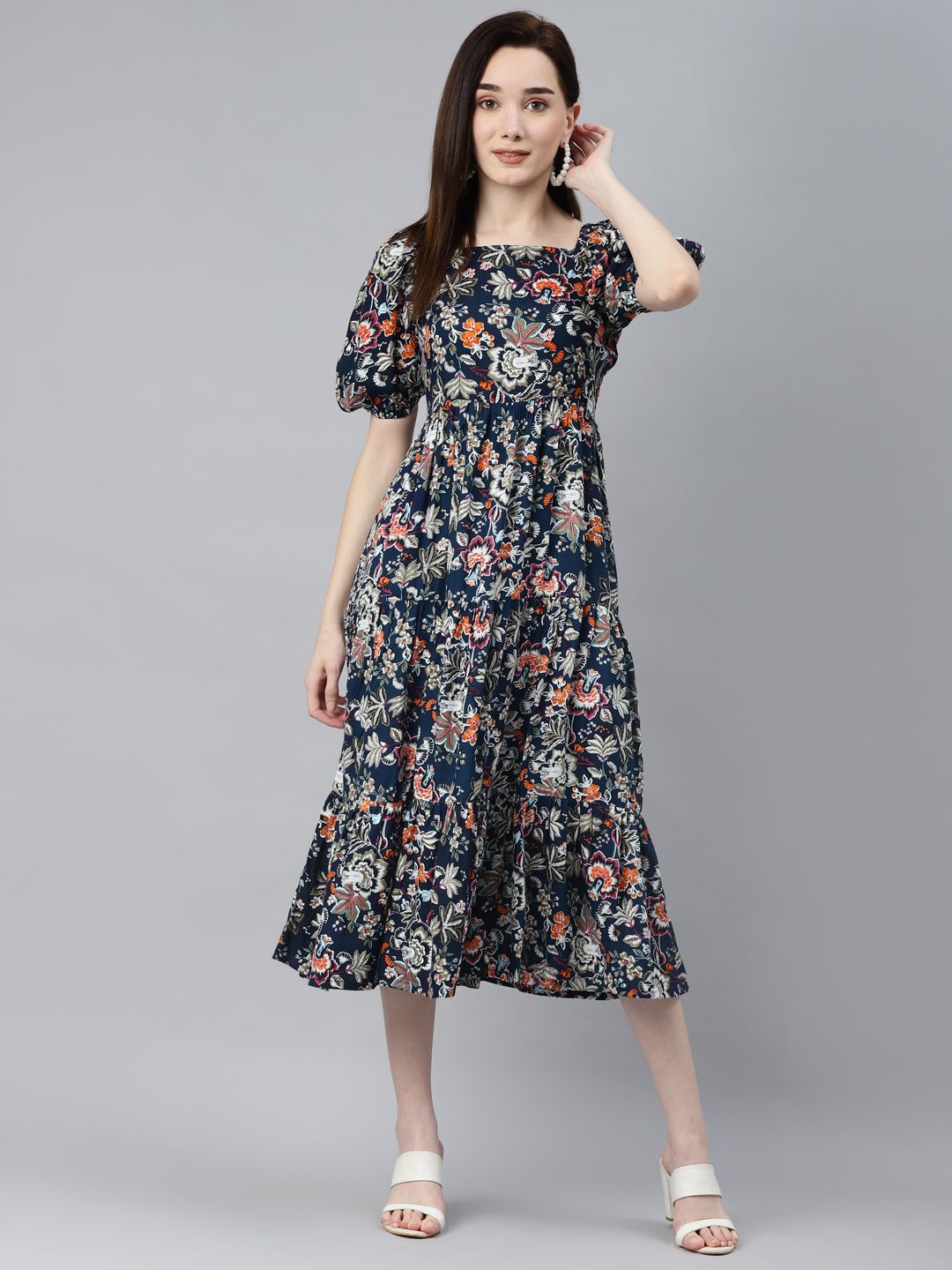 Indibelle Navy Blue Floral Puff Sleeves Midi Dress Price in India