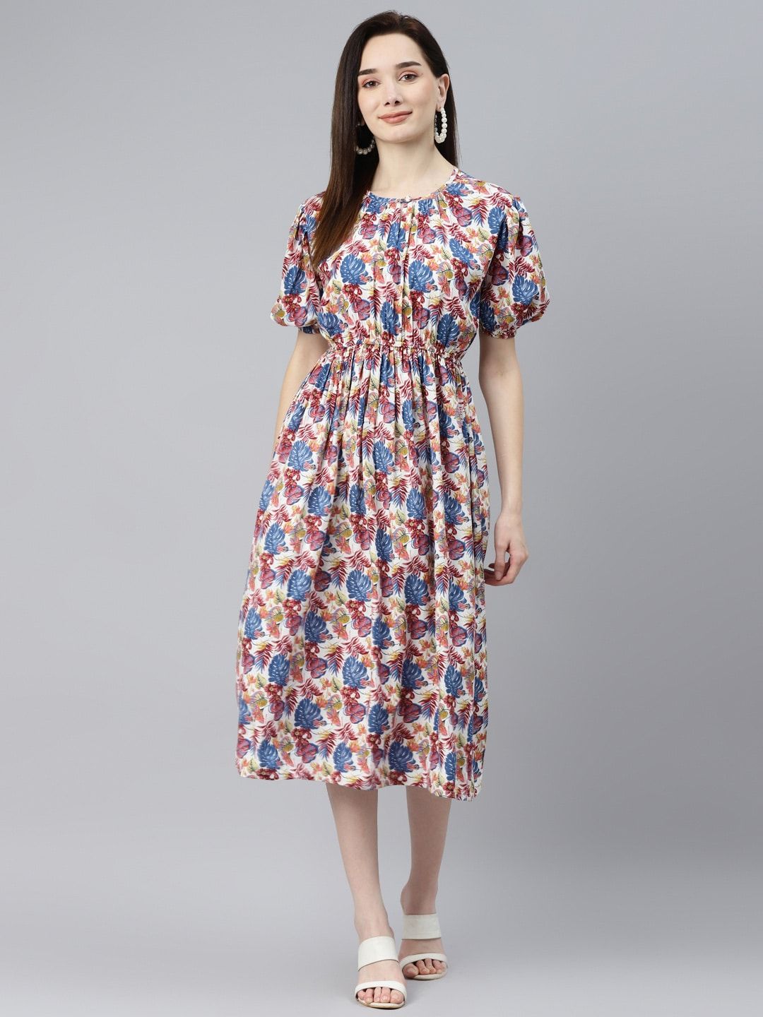 Indibelle White & Blue Tropical Printed Puff Sleeves Midi Dress Price in India