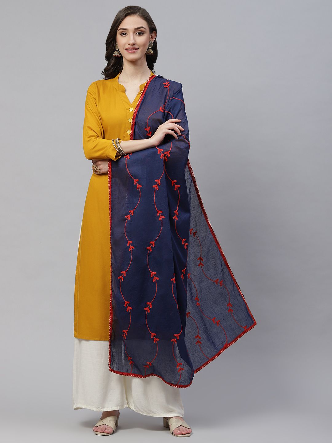 WEAVERS VILLA Navy Blue & Red Embroidered Dupatta Price in India