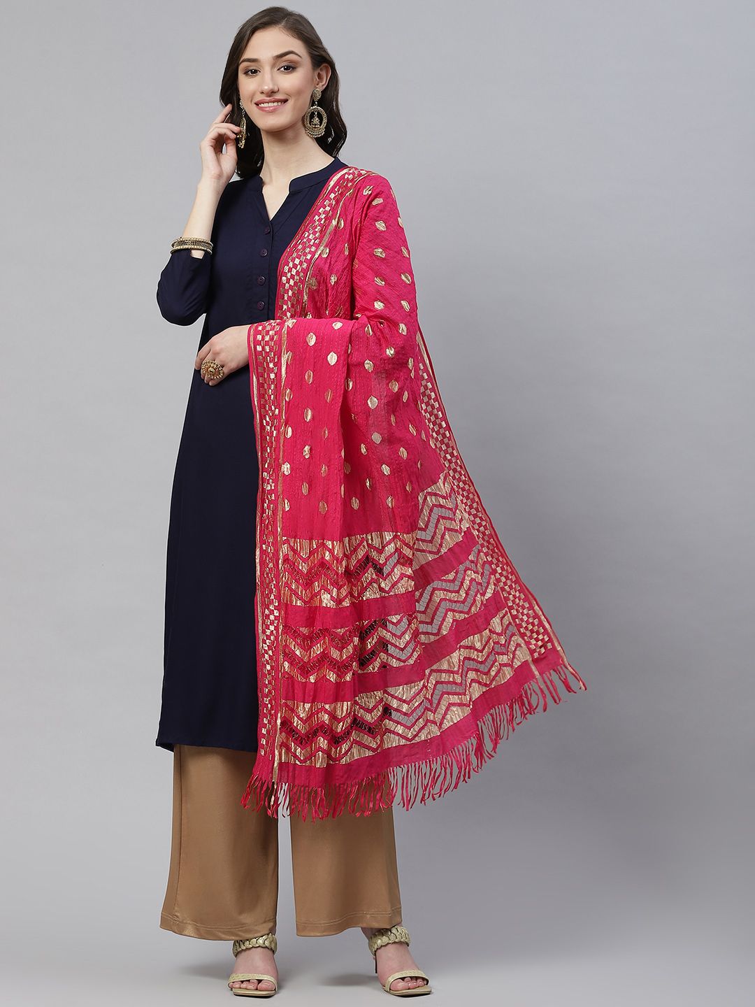 WEAVERS VILLA Pink & Golden Ethnic Motifs Woven Design Cotton Silk Dupatta Price in India