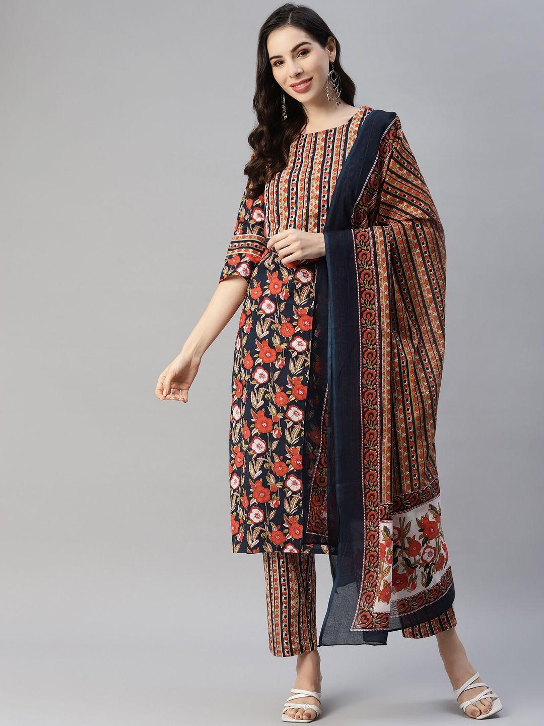 Yuris Women Navy Blue Pure Cotton Floral Printed Kurta with Trousers & With Dupatta Price in India