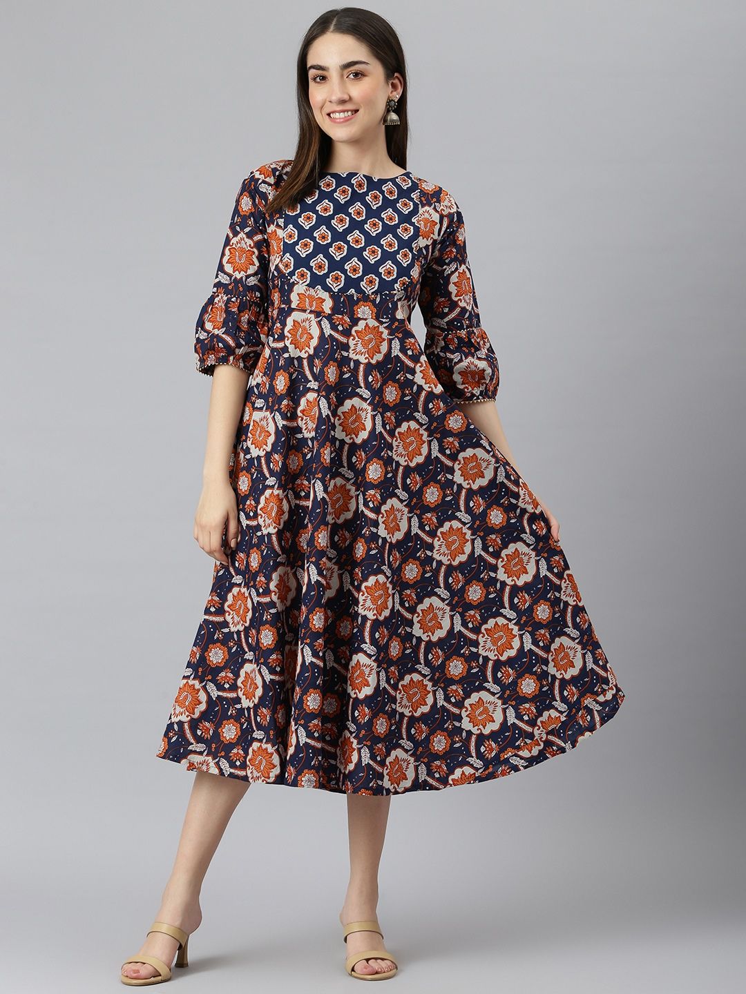 Yuris Navy Blue & Rust Orange Ethnic Motifs Cotton Ethnic Midi Dress Price in India