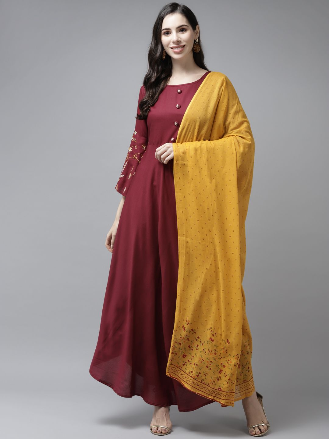 Yufta Maroon & Mustard Yellow Floral Embroidered Detail Fit & Flare Maxi Dress & Dupatta Price in India