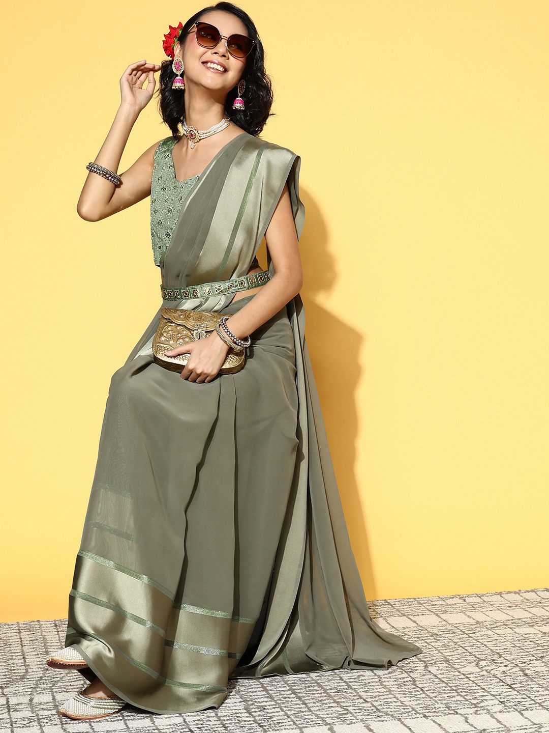 Mitera Olive Green Saree with Zari Border Price in India