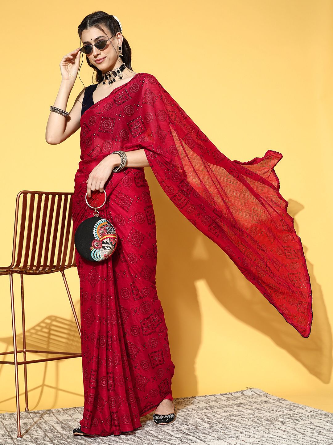 Mitera Red & Black Floral Saree Price in India