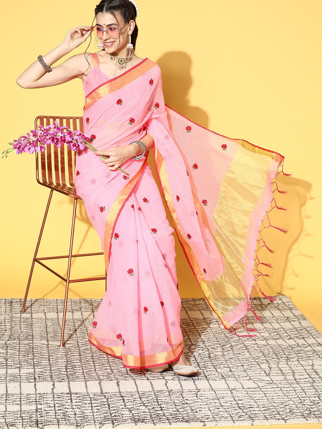 Mitera Pink Floral Zari Silk Blend Saree Price in India