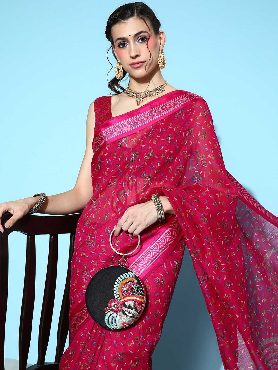 Mitera Maroon & Pink Floral Silk Cotton Saree Price in India