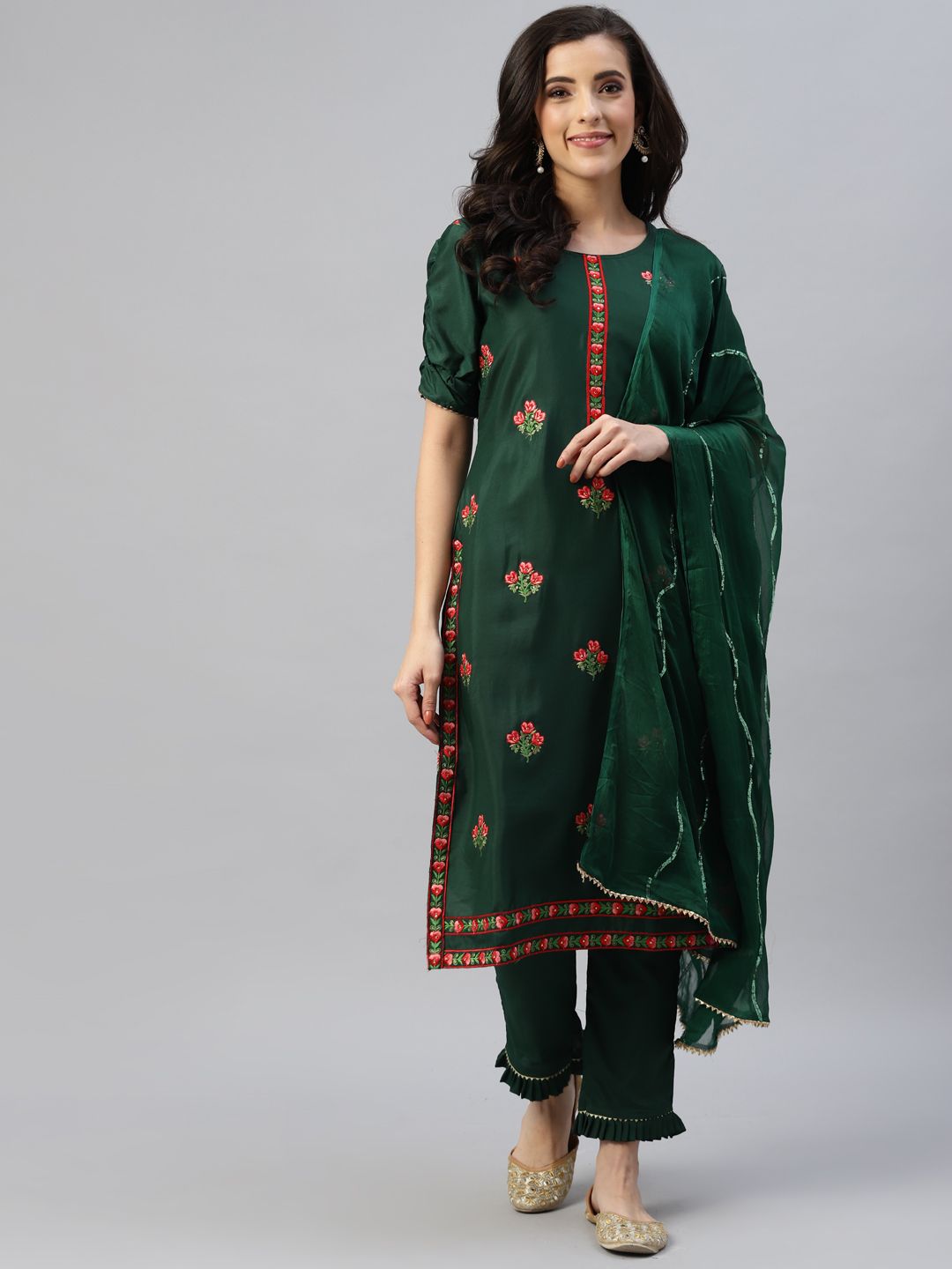 KALINI Women Green Embroidered Semi-Stitched Dress Material Price in India