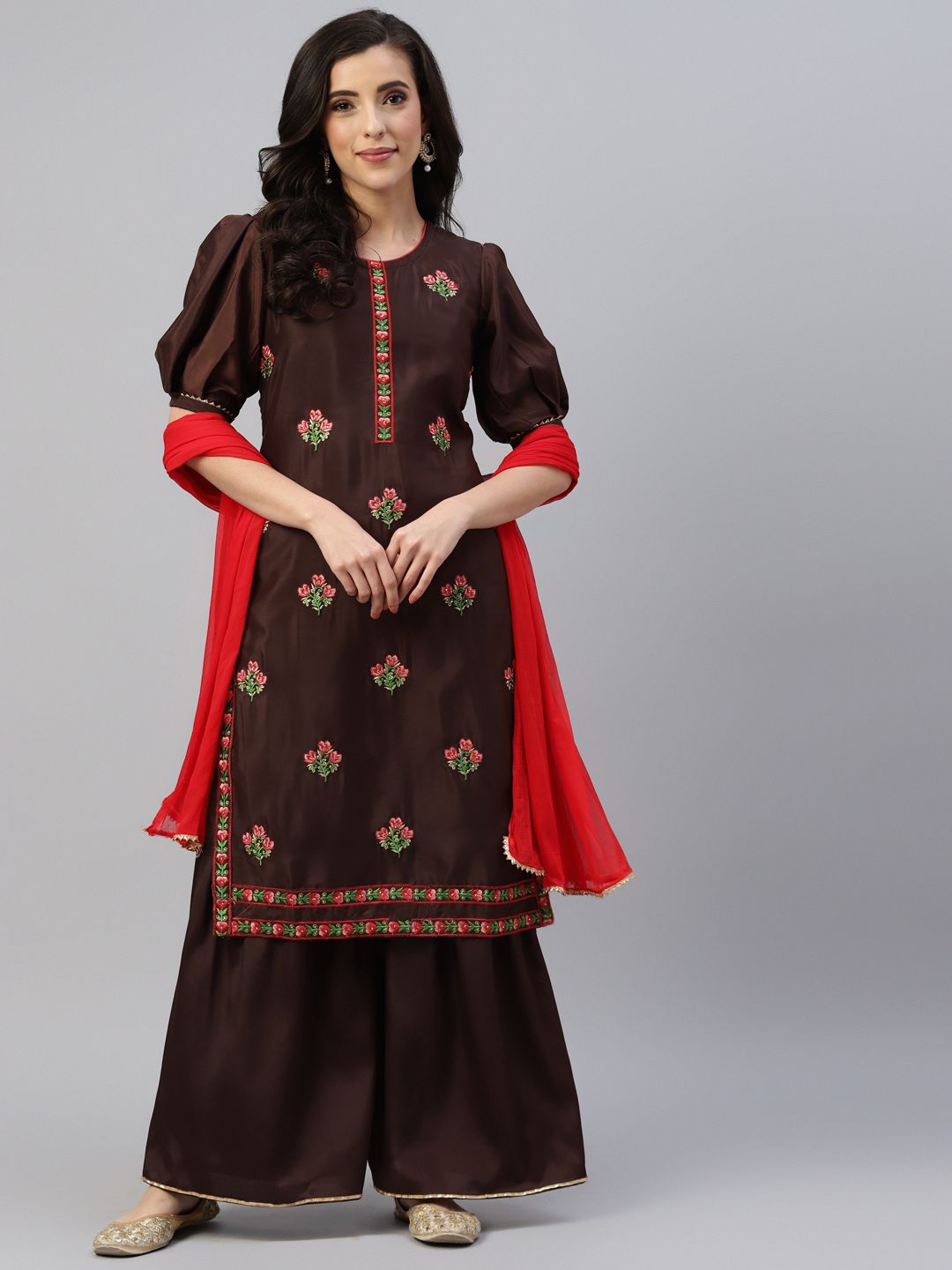 KALINI Women Brown Ethnic Motifs Embroidered  Semi-Stitched Dress Material Price in India