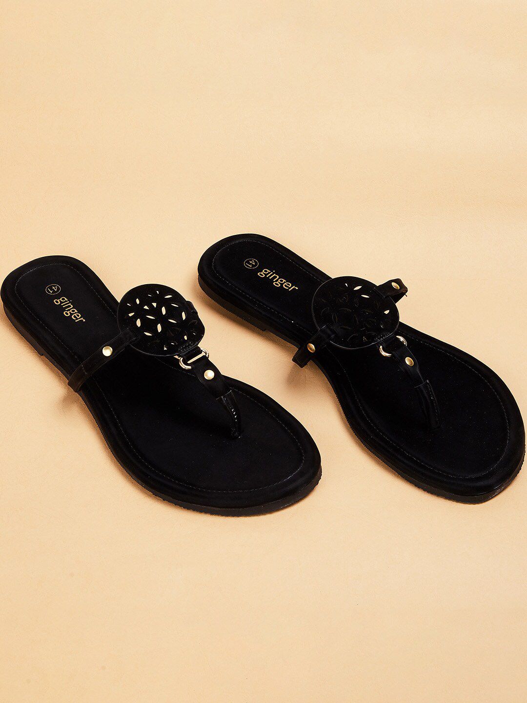 Ginger by Lifestyle Women Black Embellished T-Strap Flats Price in India