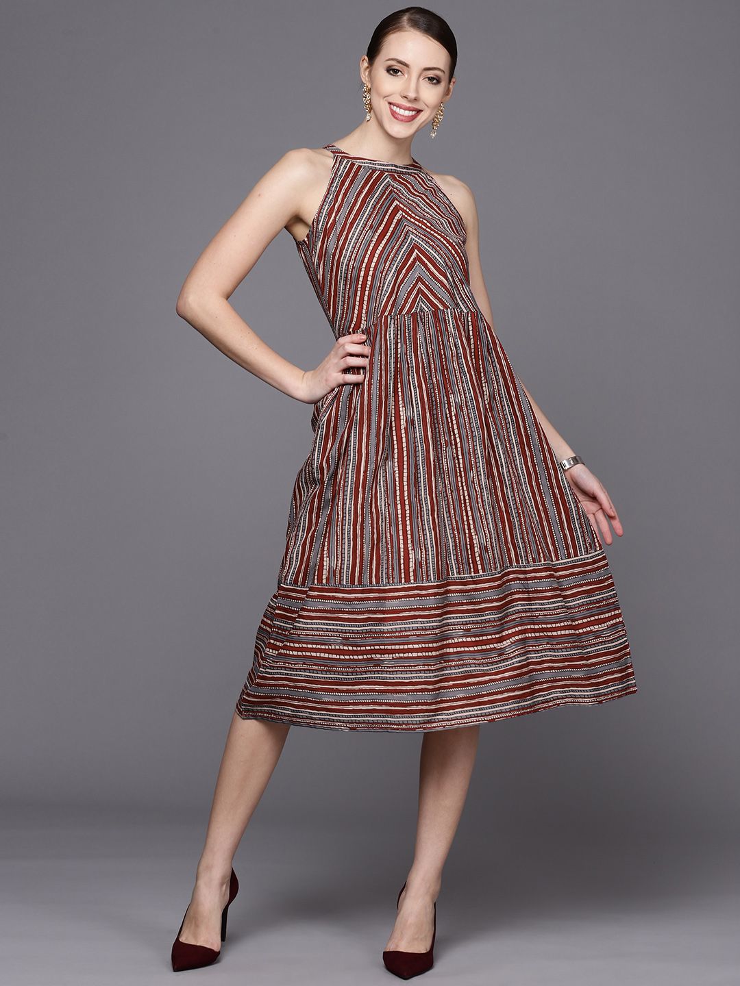 Varanga Rust & Grey Striped Midi A-line  Dress Price in India