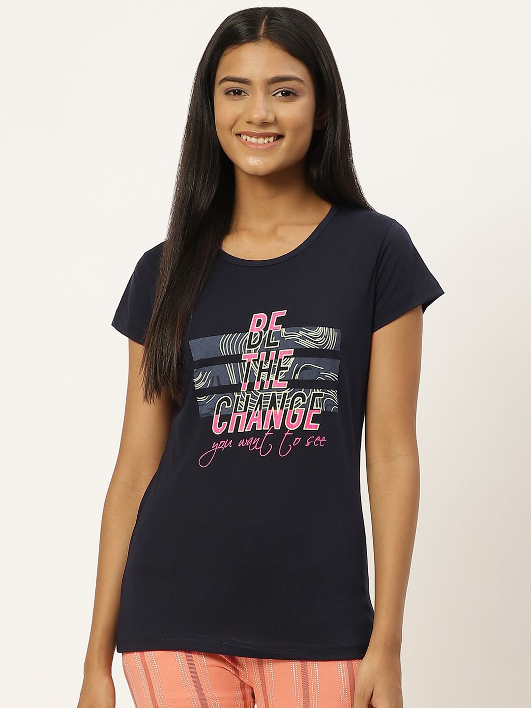 BROOWL Women Navy Blue Printed Cotton Lounge Tshirt Price in India