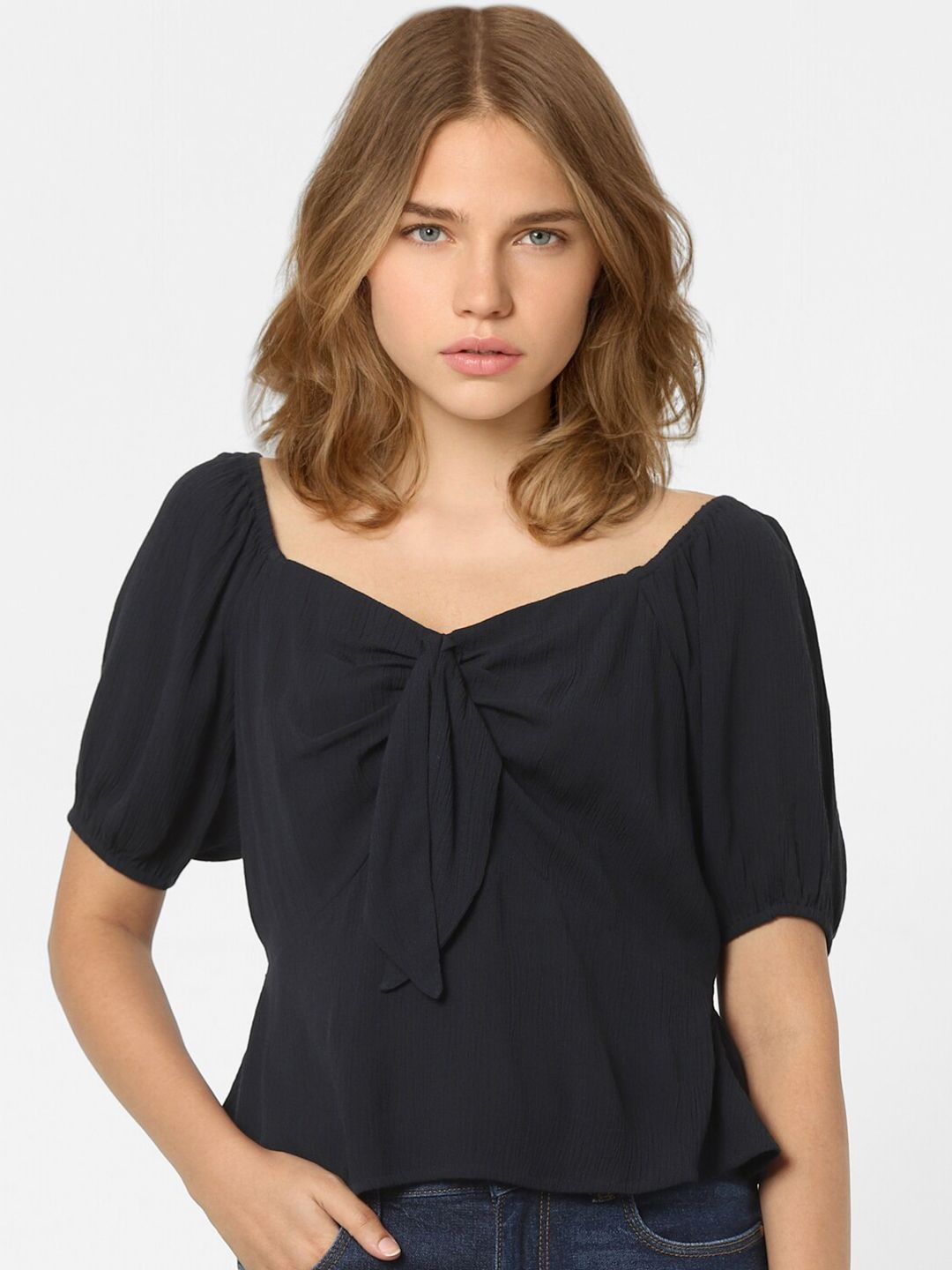 ONLY Black Sweetheart Neck Blouson Top