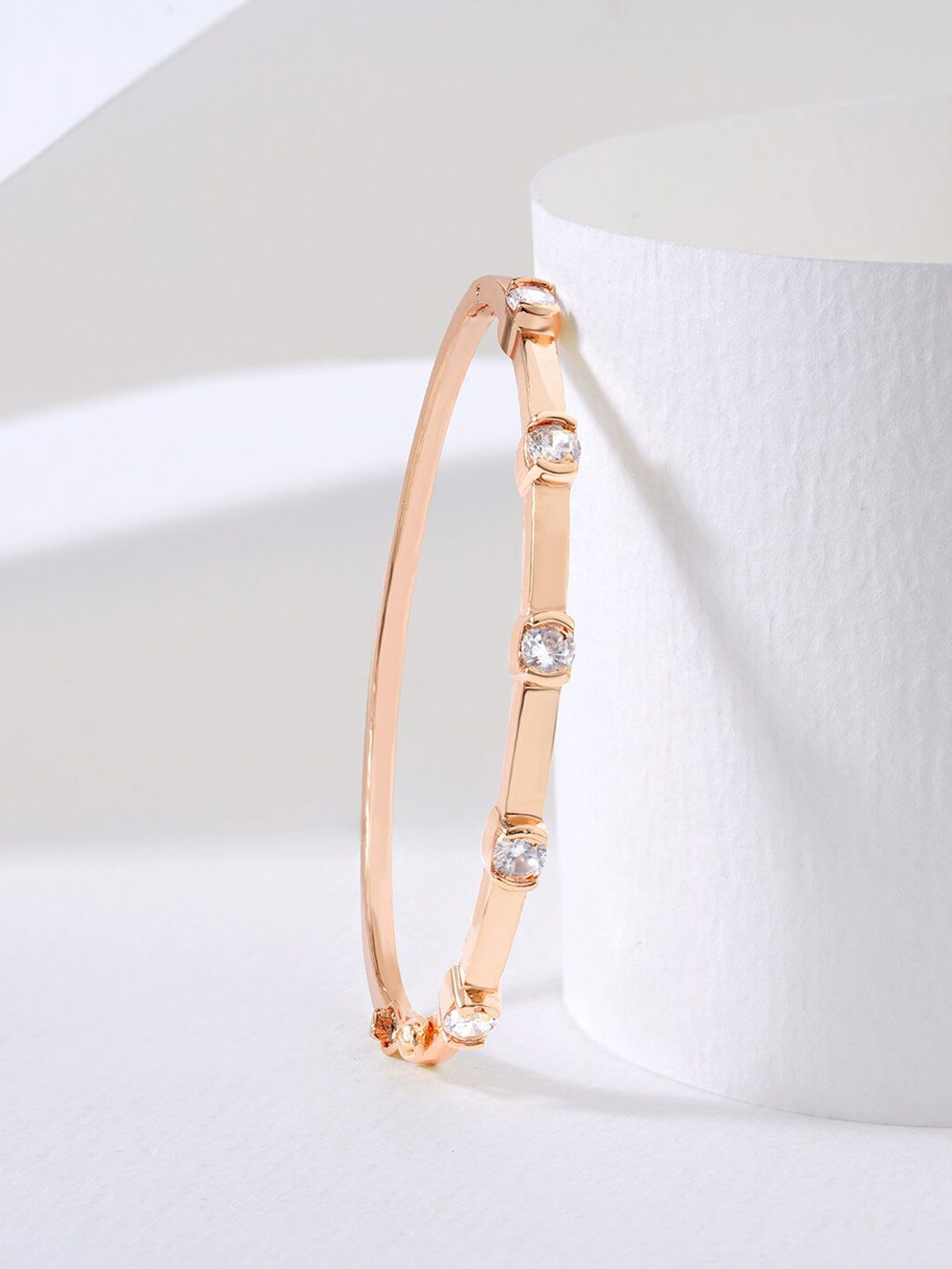 MINUTIAE Women Rose Gold & White Brass Crystals Handcrafted Rose Gold-Plated Bangle-Style Bracelet Price in India