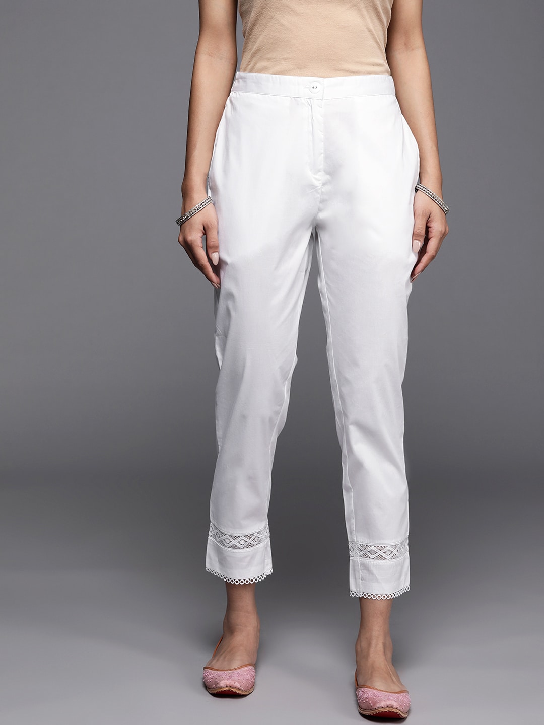 Libas Women Off White Solid Pure Cotton Trousers Price in India