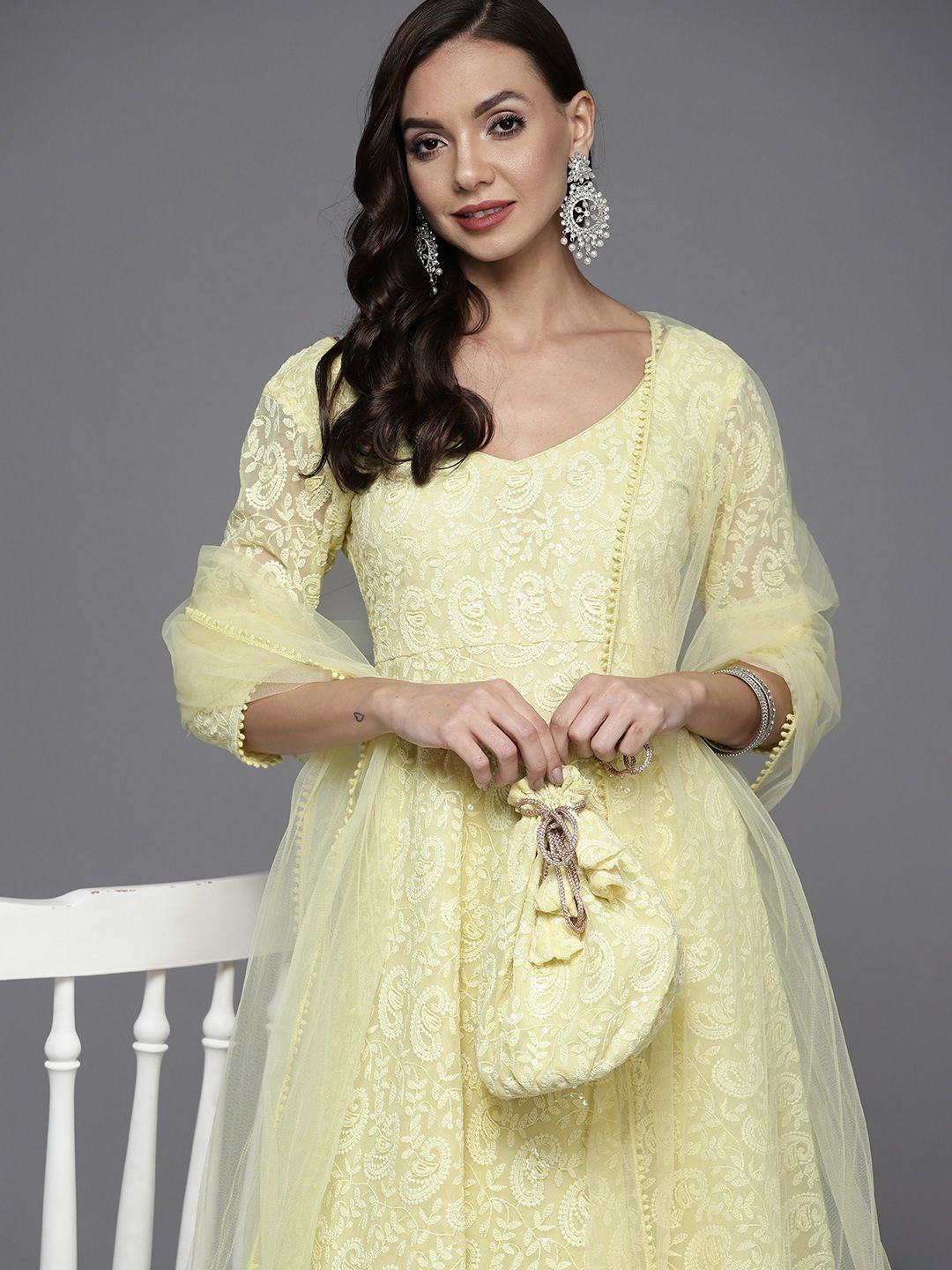 Libas Women Yellow Floral Embroidered Panelled Thread Work Kurta with Churidar & With Dupatta Price in India