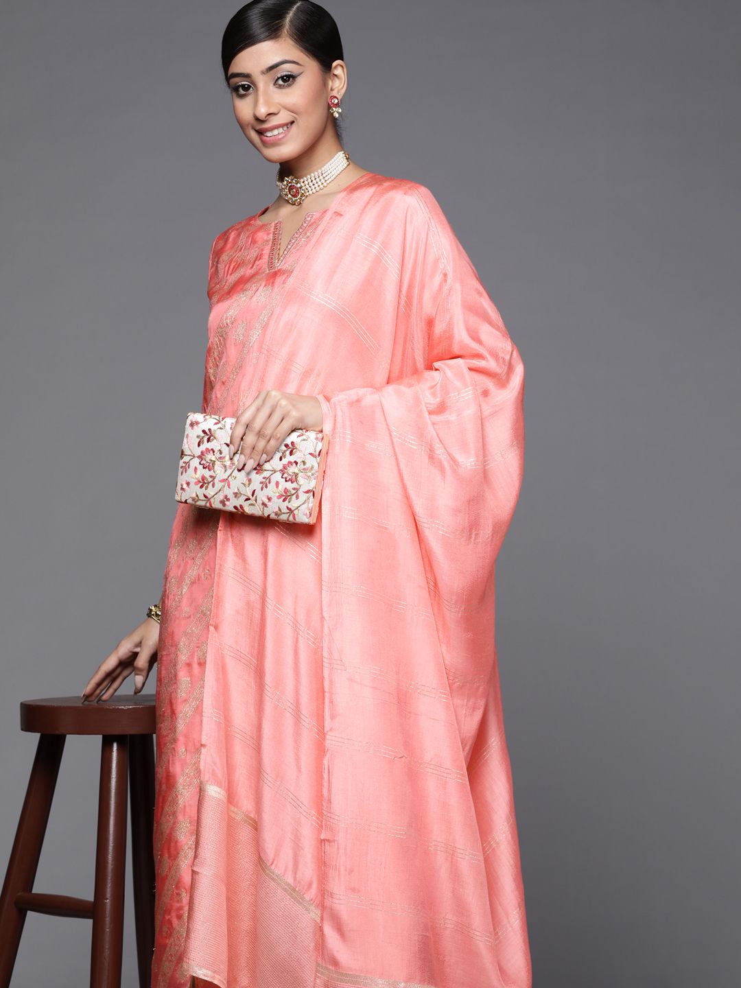 Libas Women Peach-Coloured & Golden Kurta with Palazzos & Dupatta Price in India