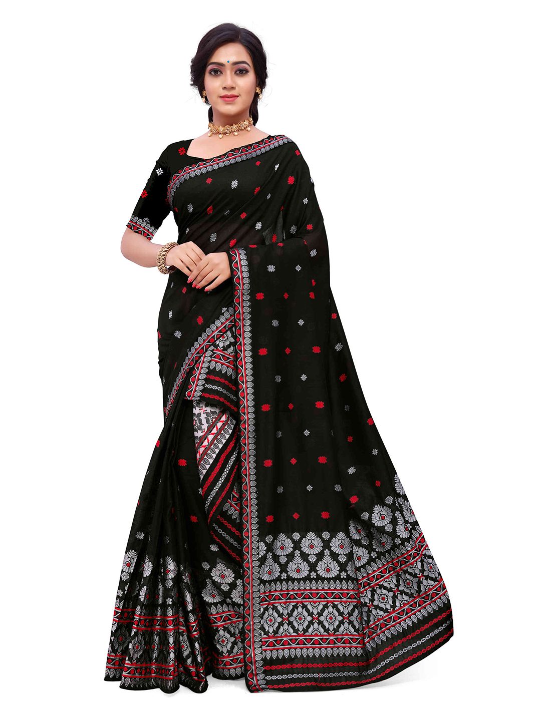 Skirans Black & Red Assamese Weaving Cotton Assamese Mekhela Chador Saree