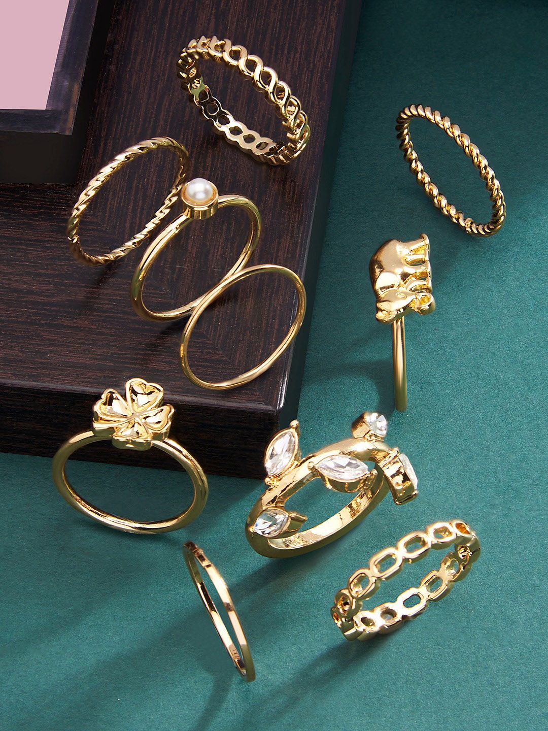 AMI Set Of 10 Gold-Plated White Stone-Studded & Beaded Finger Rings Price in India