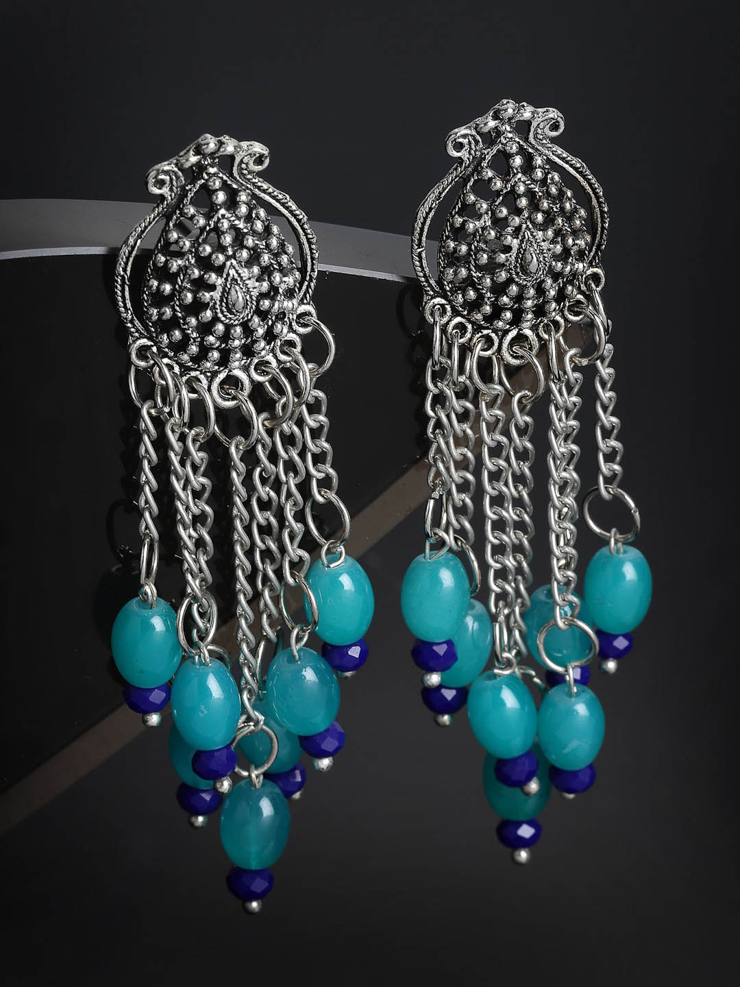 PANASH Silver-Plated & Blue Geometric Drop Earrings Price in India