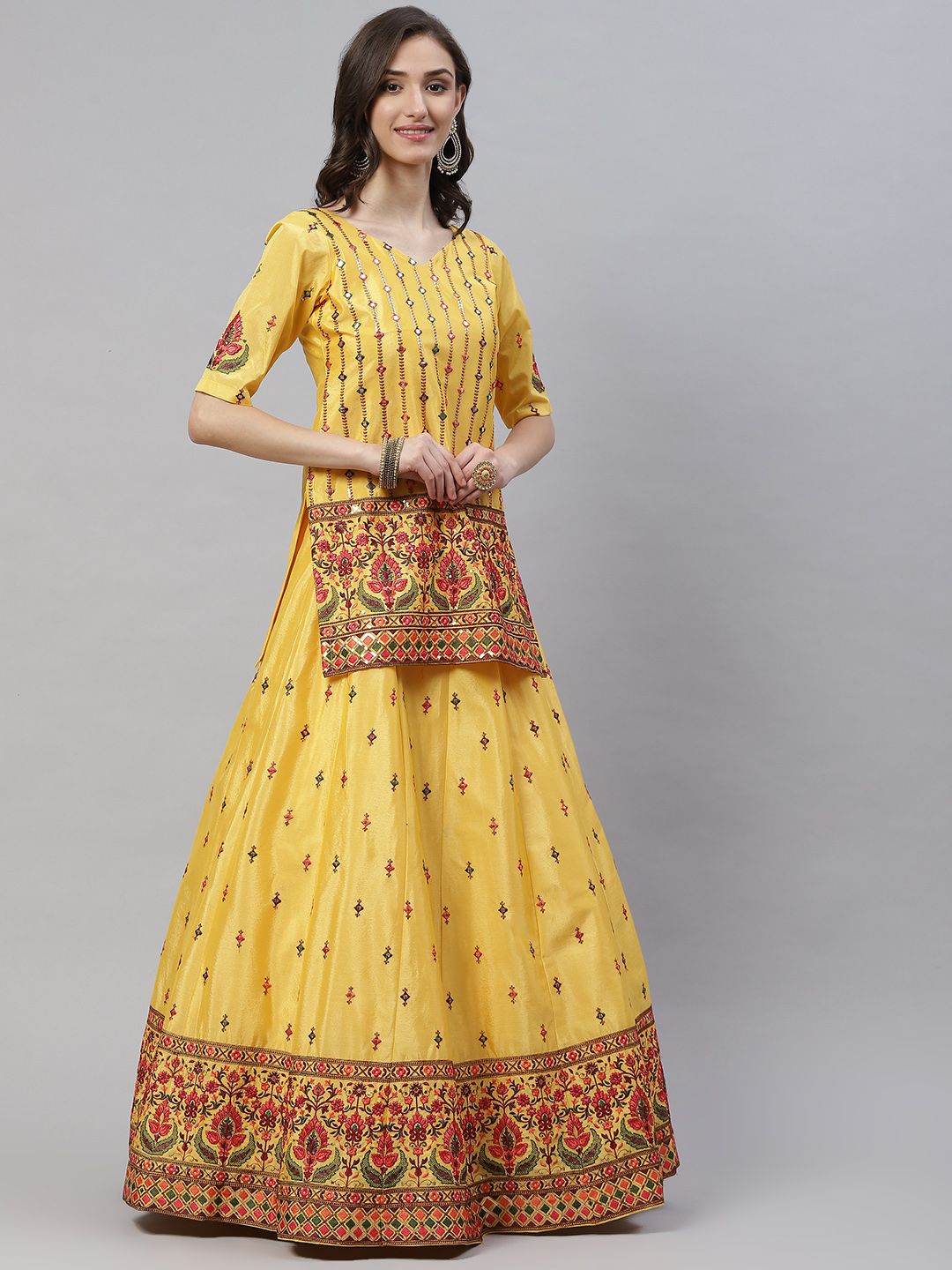 SHUBHKALA Yellow & Pink Embroidered Mirror Work Semi-Stitched Lehenga & Blouse With Dupatta Price in India