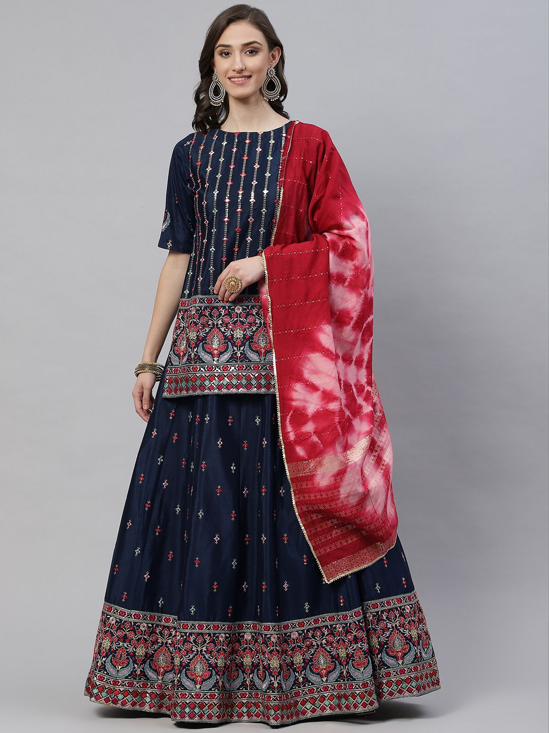 SHUBHKALA Navy Blue & Red Embroidered Mirror Work Semi-Stitched Lehenga & Blouse With Dupatta Price in India