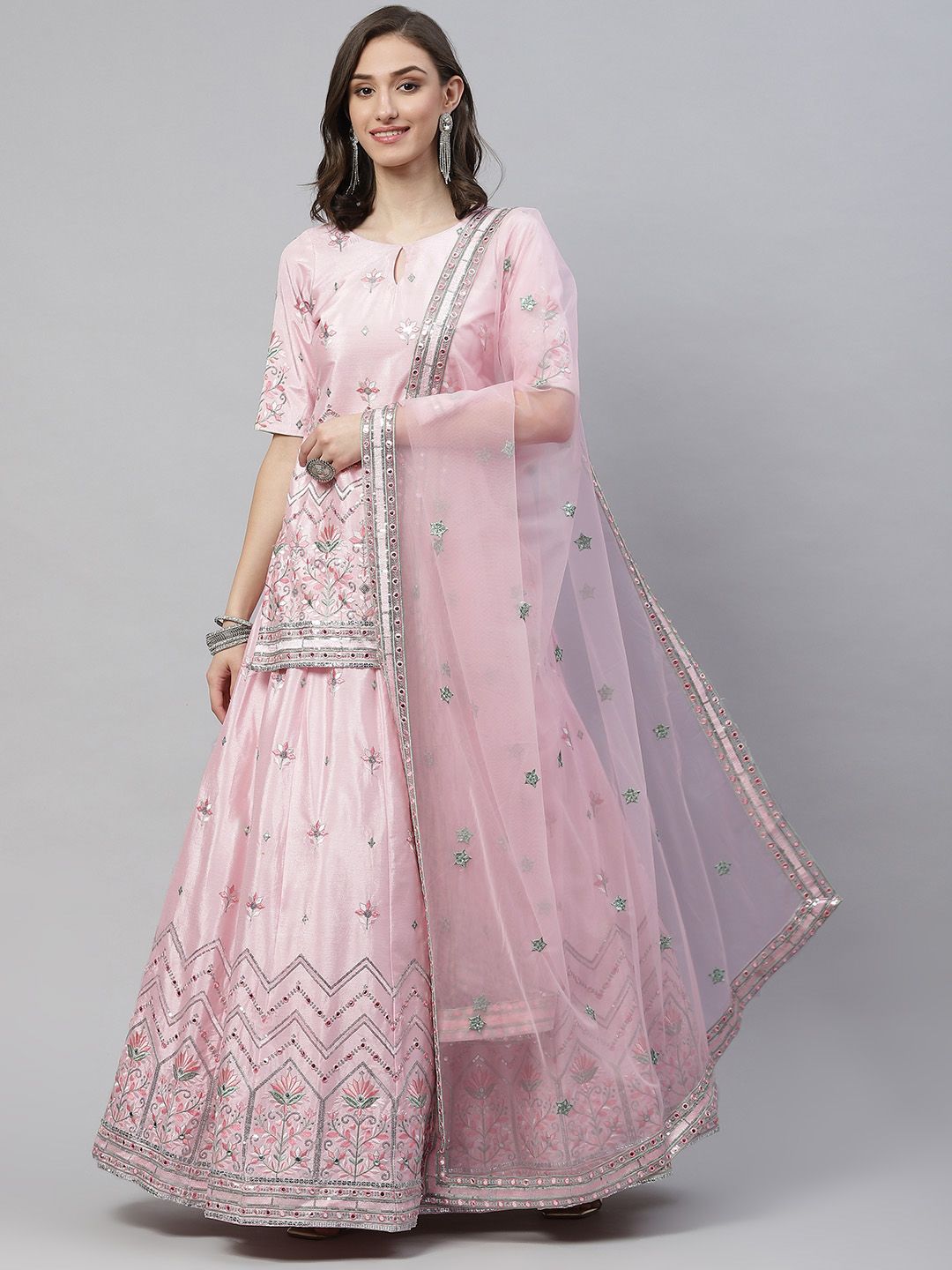 SHUBHKALA Pink Embroidered Sequinned Semi-Stitched Lehenga & Blouse With Dupatta Price in India